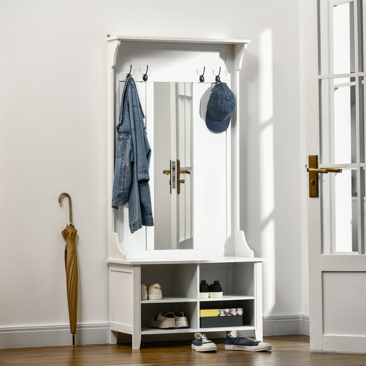 HOMCOM 3-in-1 Mirrored Shoe Cabinet with Bench, Coat Hooks and 4 Storage Cubes – White, 80cm