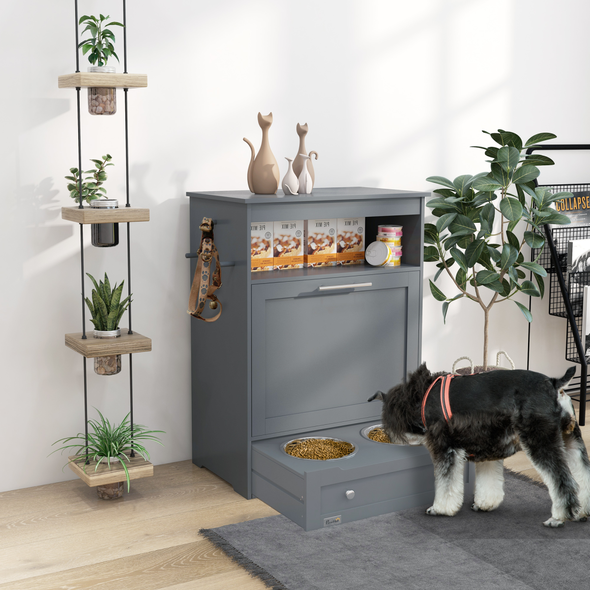 PawHut Pet Feeder Station with Two Removable Bowls & Storage Cabinet – Dog and Cat Feeding Table, Grey