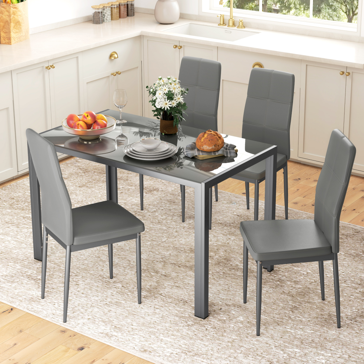 HOMCOM 5 Piece Glass Top Dining Set with 4 High-Back Padded Chairs – Dining Table and Chairs for Four