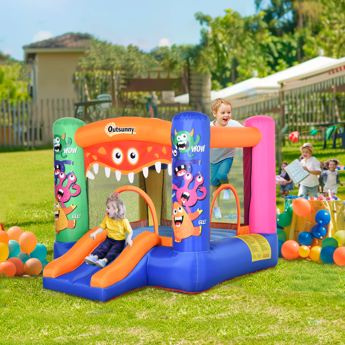 Monster-Themed Bouncy Castle with Slide, Trampoline & Basketball Net – Compact Garden Inflatable with Blower