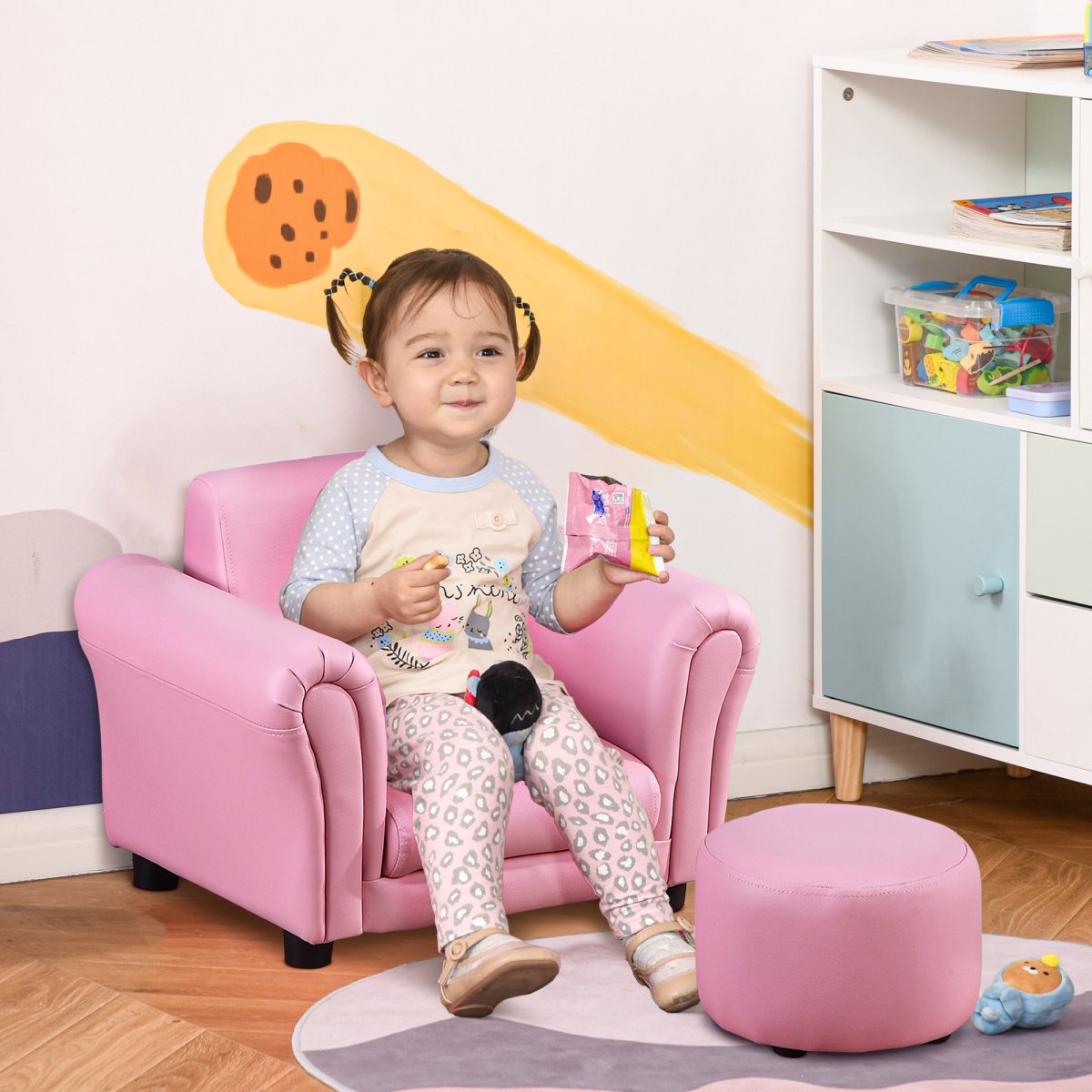 HOMCOM Kids Sofa with Footstool – Toddler Armchair for Playroom and Bedroom, Pink