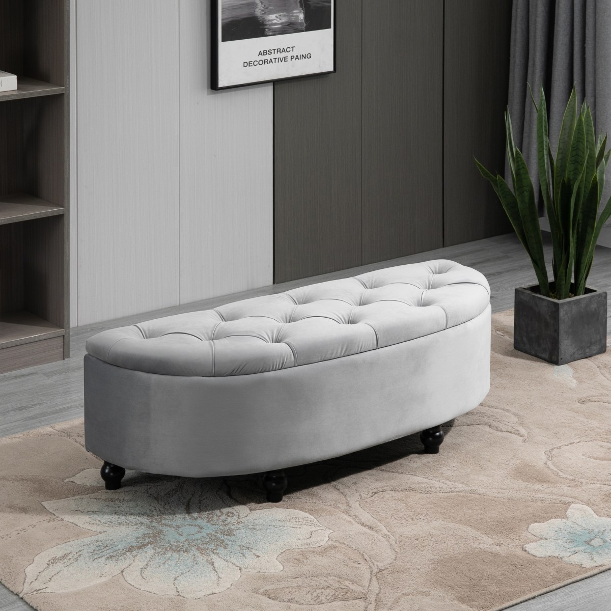 HOMCOM Semi-Circle Tufted Storage Ottoman Bench – Upholstered Footrest with Lift-Up Lid for Living Room