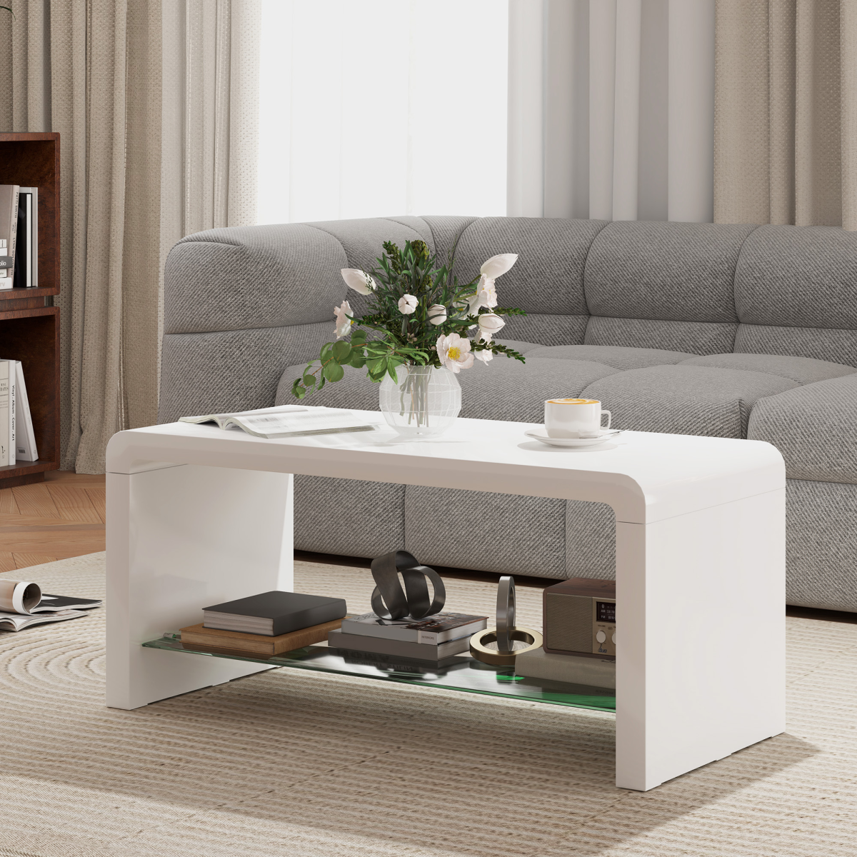 HOMCOM High Gloss Coffee Table with Lower Glass Shelf – Curved Two-Tier Living Room Table, White