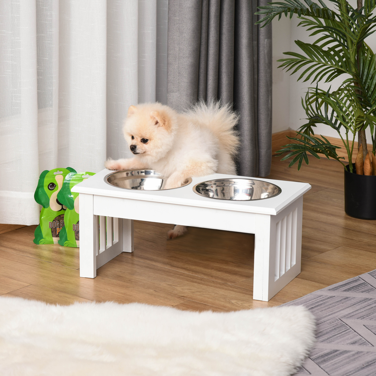 Raised Double Dog Bowl Feeding Station with Non-Slip Base – Elevated Stainless Steel Bowls for Small Dogs, Cotton White