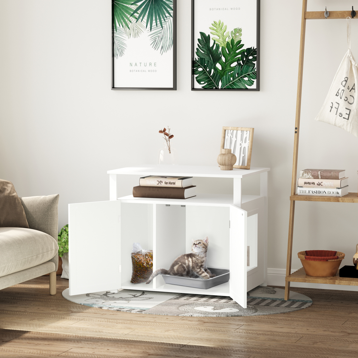 PawHut Cat Litter Box Enclosure Side Table with Magnetic Door and Two Shelves – Cat Furniture, White