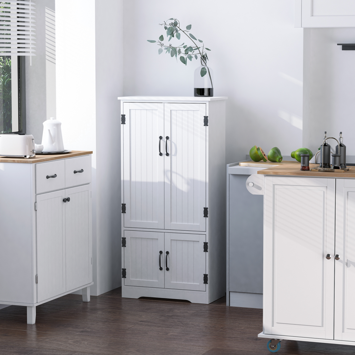 Modern Freestanding Storage Hutch Cabinet with 4 Doors & Adjustable Shelves – Kitchen & Living Room