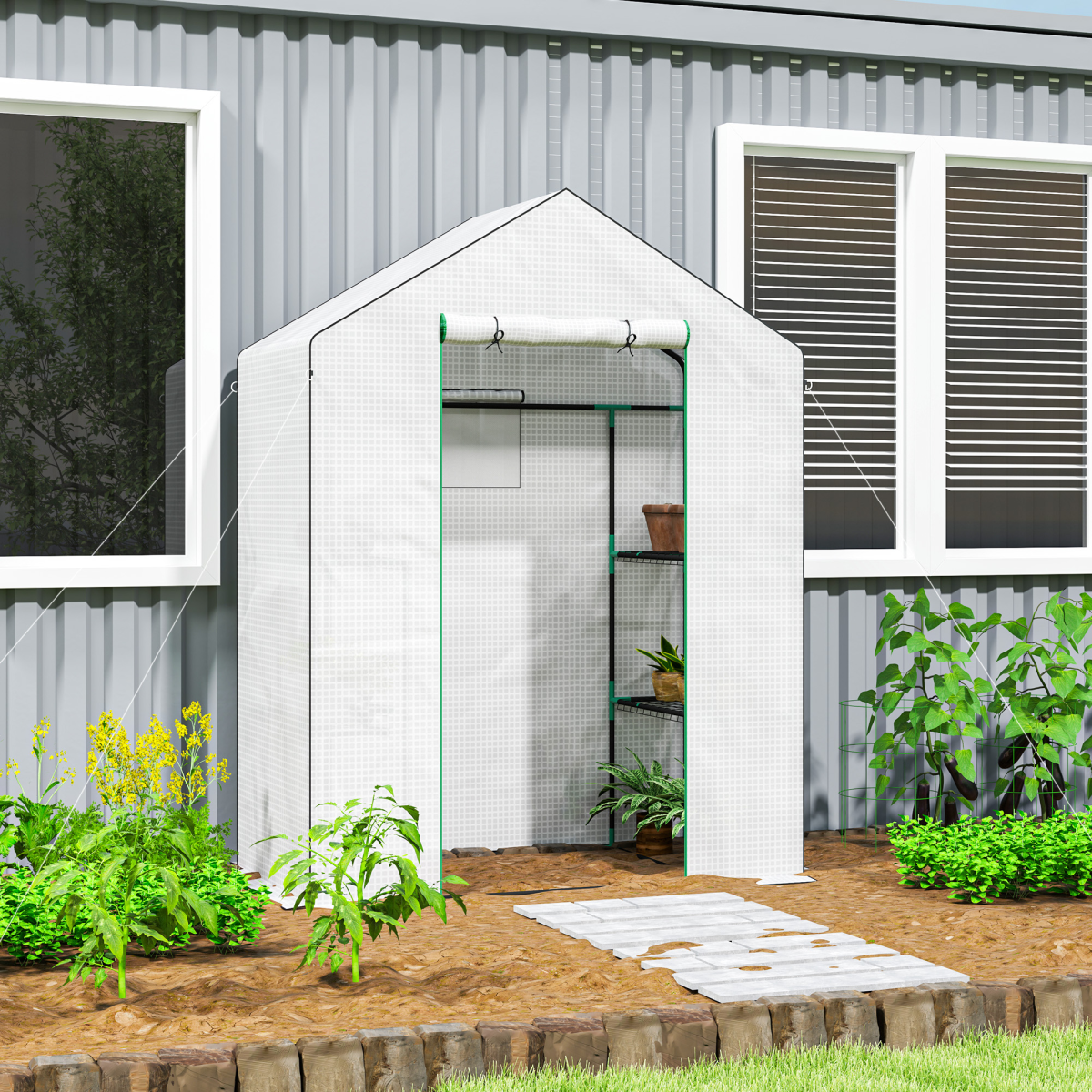 Outsunny Walk-in Greenhouse with 4 Shelves, UV-Resistant Cover & Roll-Up Zipped Door – Small Garden Greenhouse, White