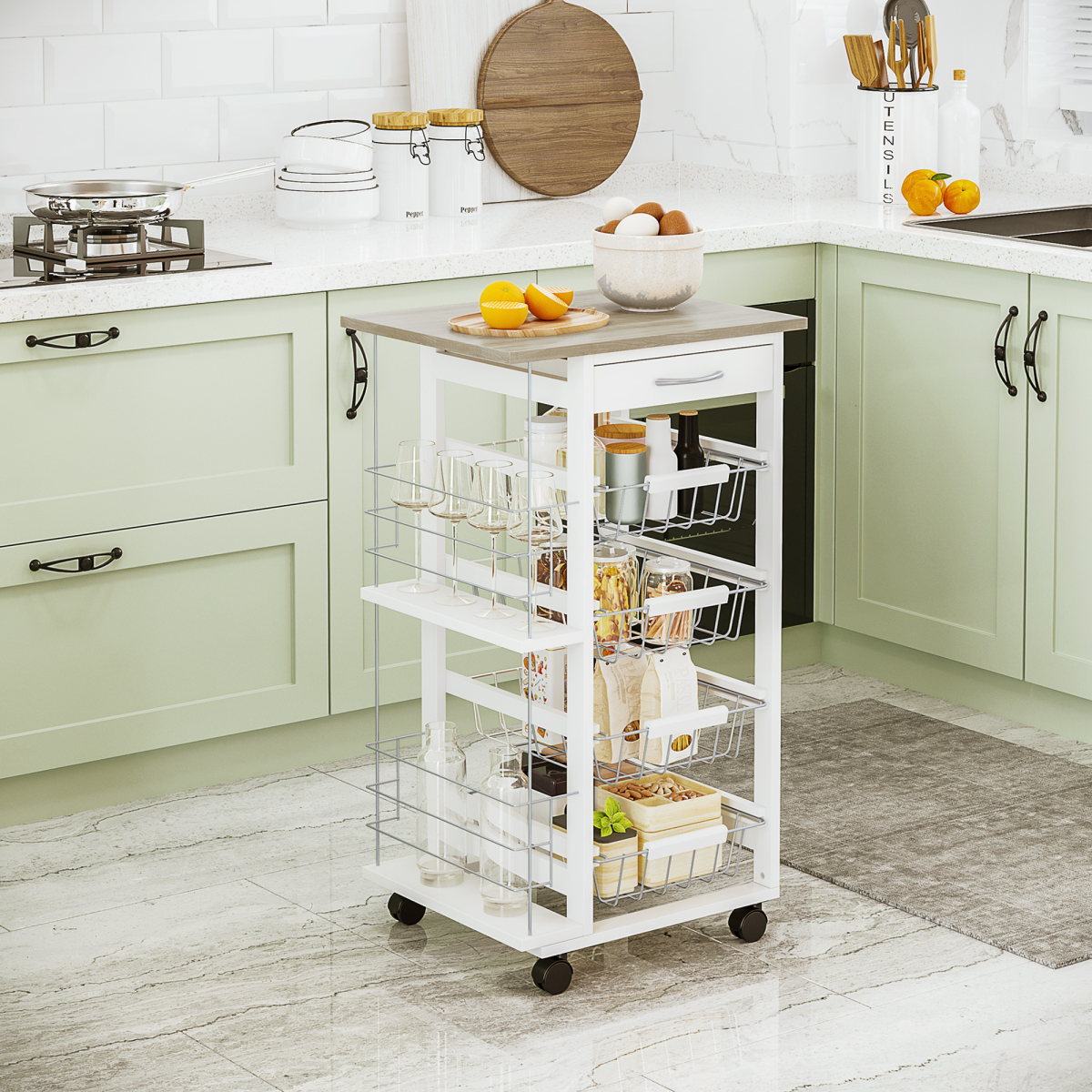 HOMCOM Multi-Use Kitchen Island Trolley with 4 Baskets, Side Racks & Drawer – Wheeled Storage Cart, White
