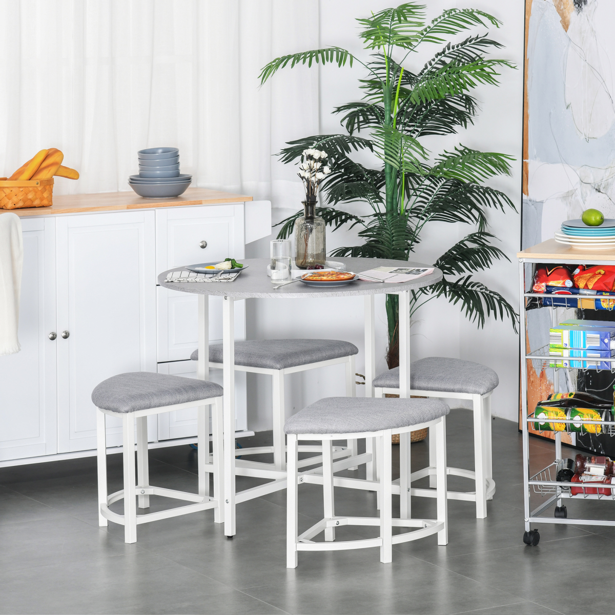 Modern Round Dining Table Set with 4 Upholstered Triangle Stools – Space-Saving, 90cm Diameter