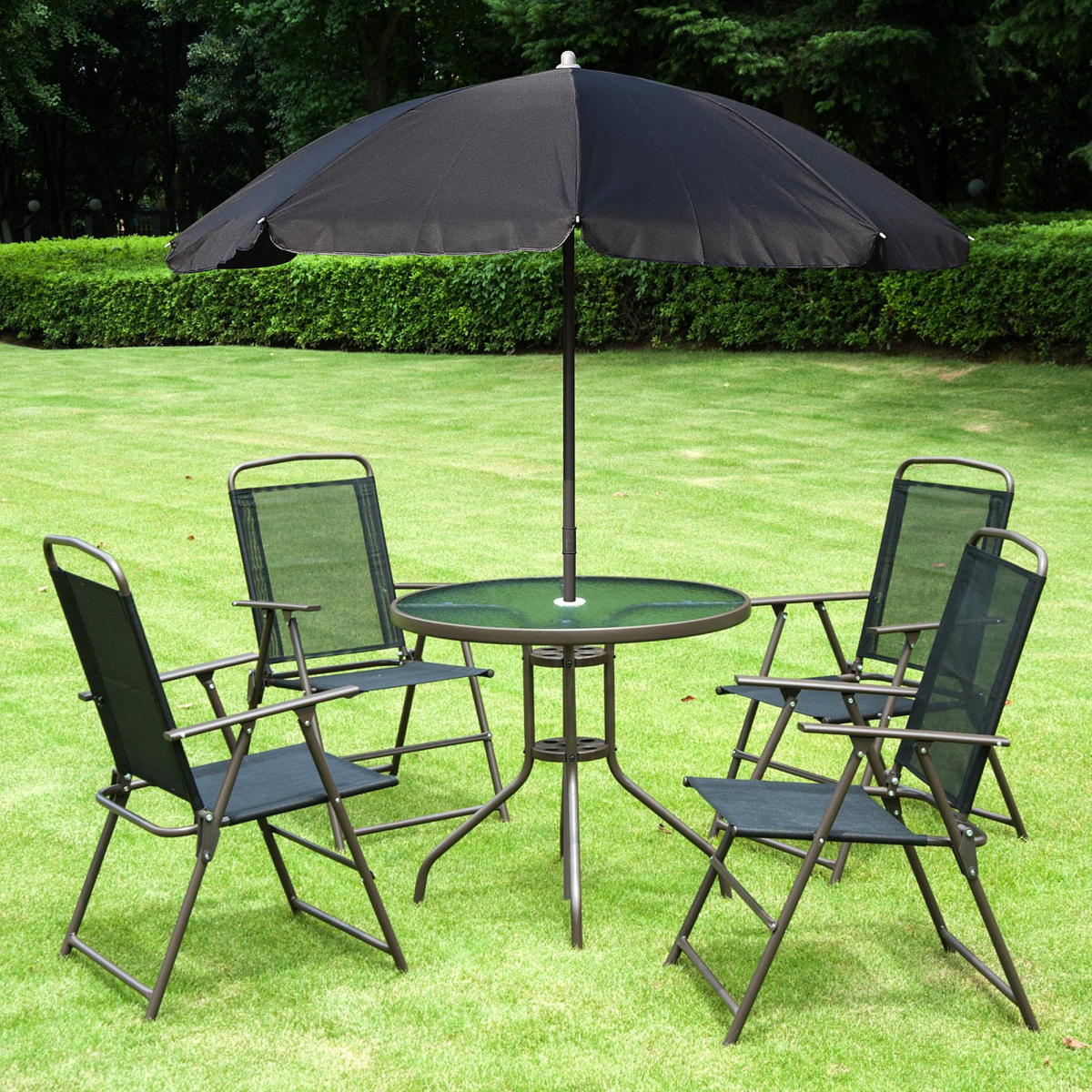 Outsunny 6-Piece Garden Bistro Set with 4 Folding Texteline Chairs, Glass Table & Parasol – Black