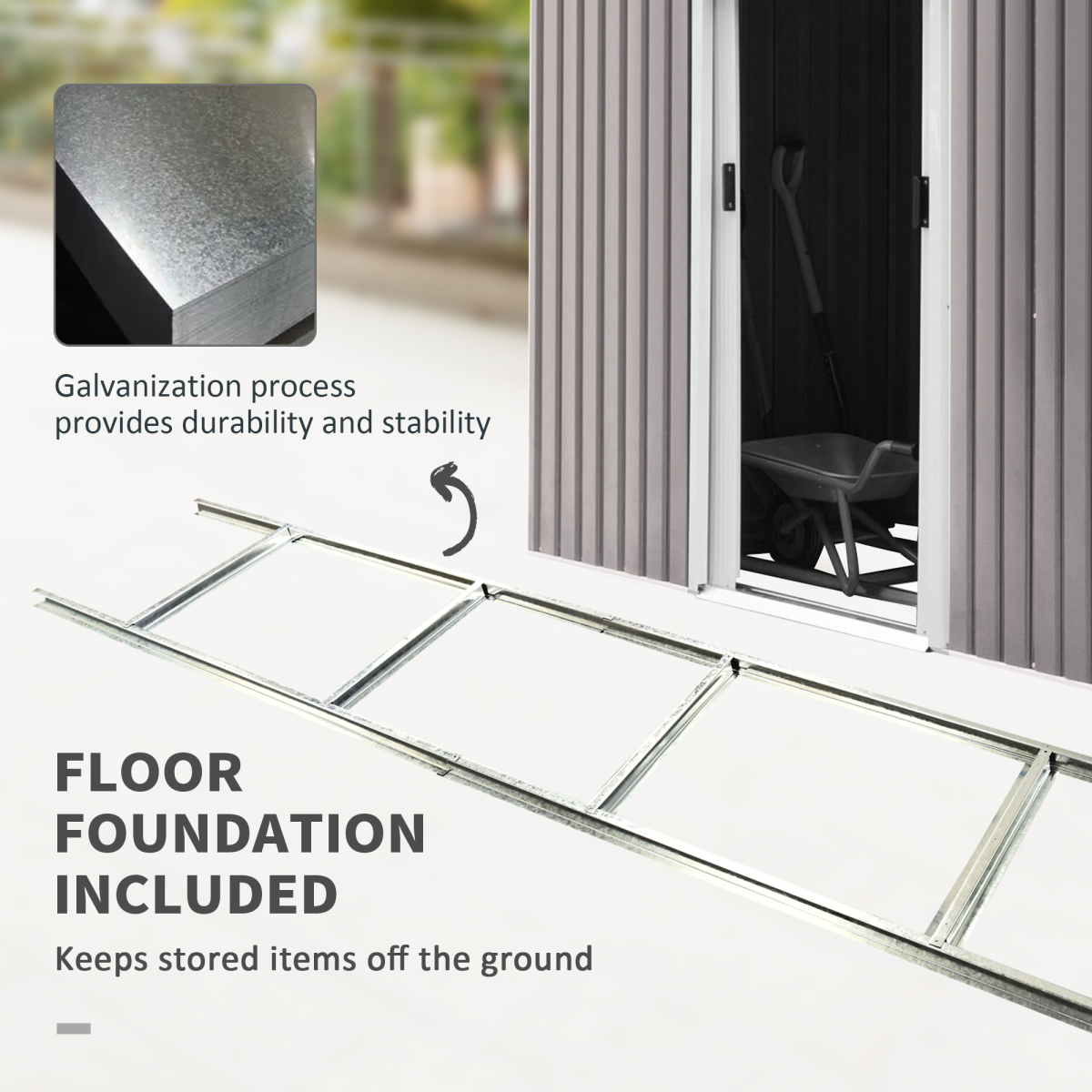 Metal Garden Shed with Sliding Lockable Double Doors, 2 Vents & Foundation Kit – 280 x 130cm, Light Grey