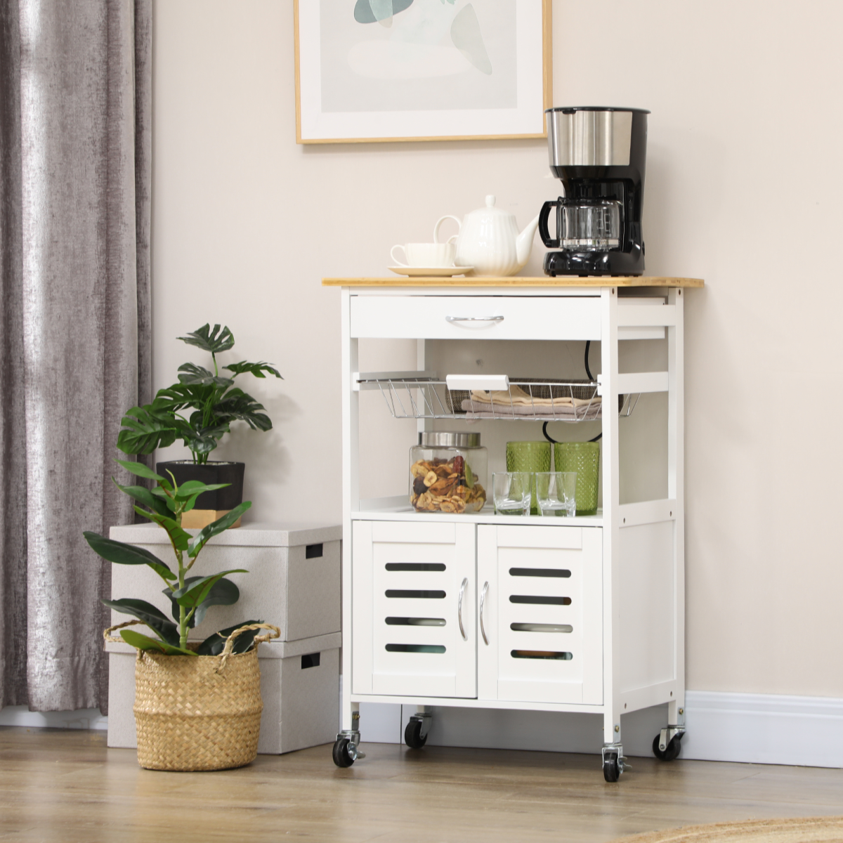 HOMCOM Kitchen Island Trolley with Bamboo Top, Drawer, Cabinet & Lockable Wheels – Rolling Storage Cart