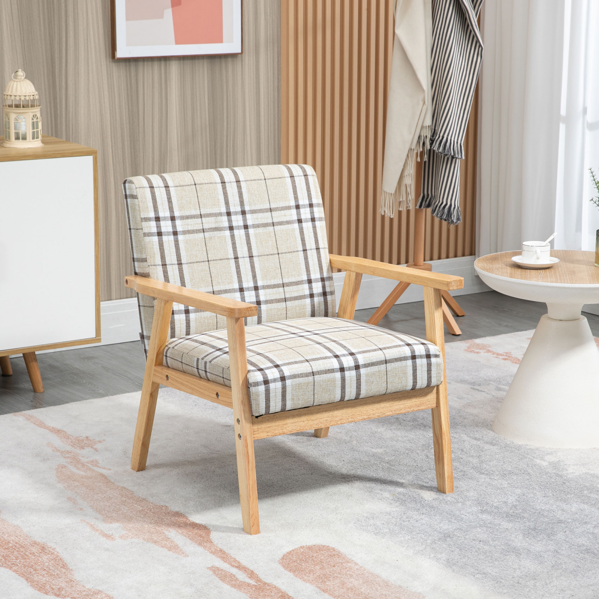 HOMCOM Modern Linen-Feel Accent Chair with Checked Seat Cushion & Open Frame – Beige