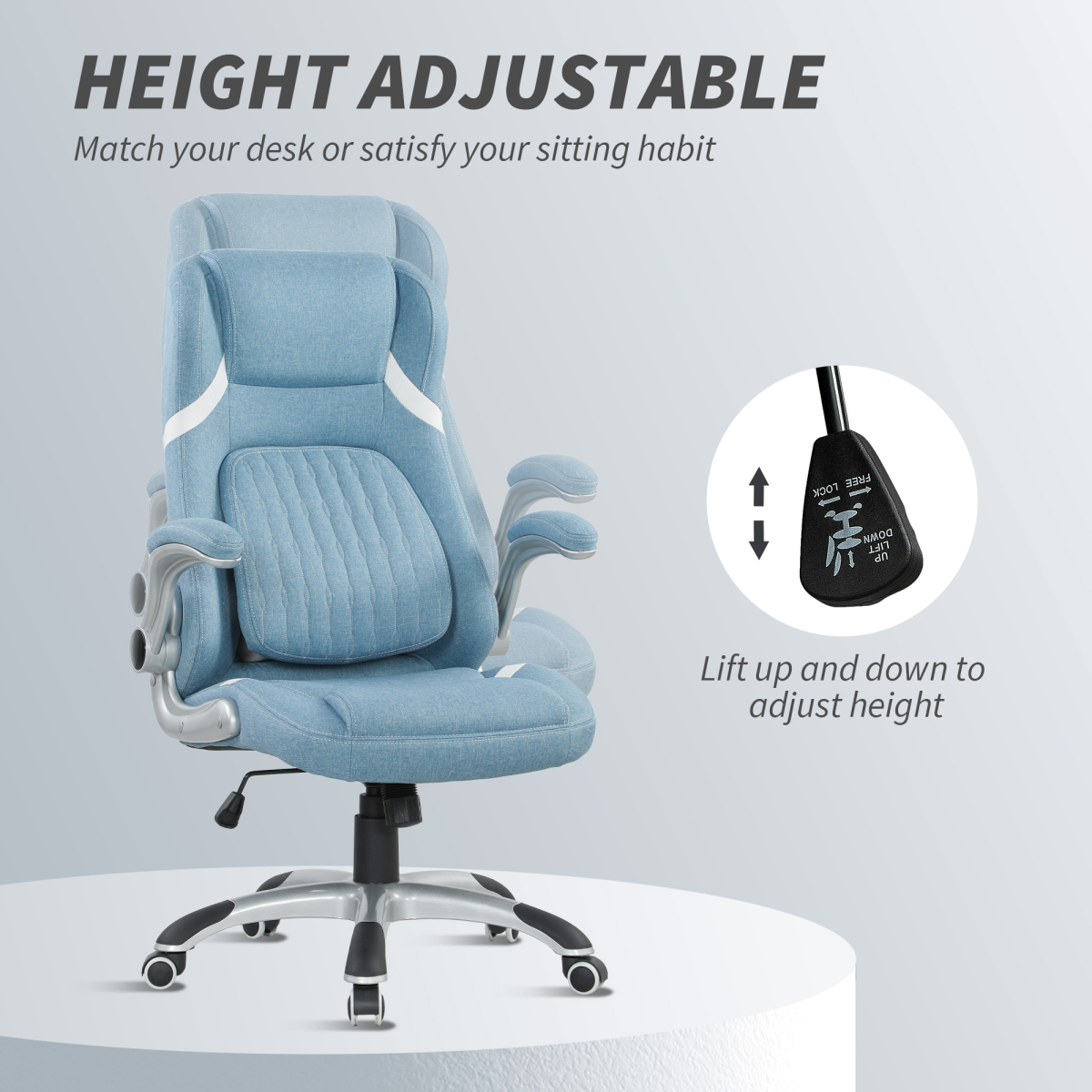 High Back Linen-Look Office Chair with Flip-Up Arms & Lumbar Support – Space-Saving Desk Chair, Blue