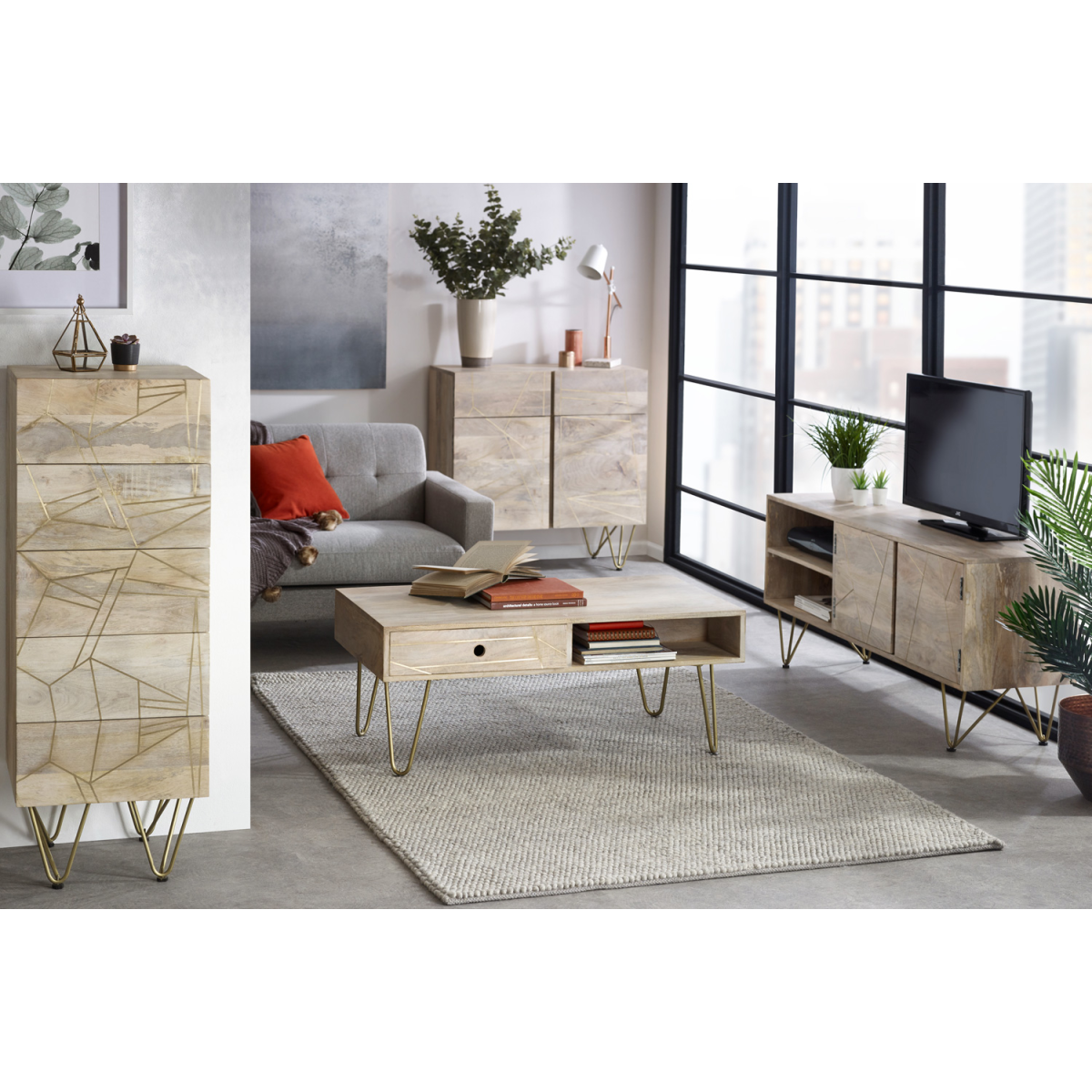 Solid Wood Media Unit with Light Gold Metal Inlay – TV Stand with Storage for Consoles