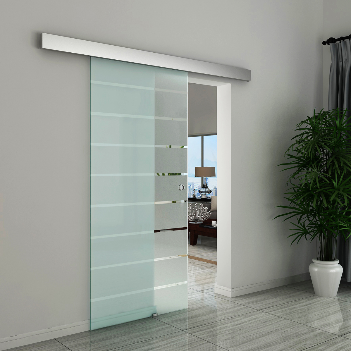 HOMCOM Tempered Frosted Glass Sliding Barn Door Kit with Aluminium Rail – Space-Saving Door for Bathrooms