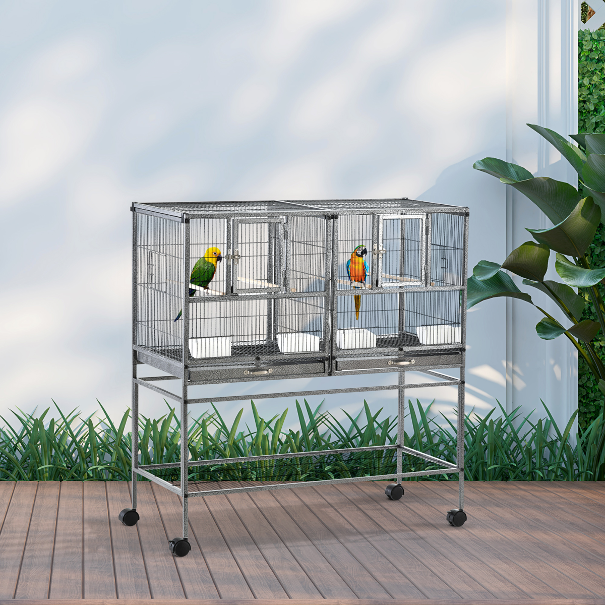 Large Rolling Bird Cage with Stand, 4 Perches and Food Bowls – Divisible Aviary for Finches and Canaries