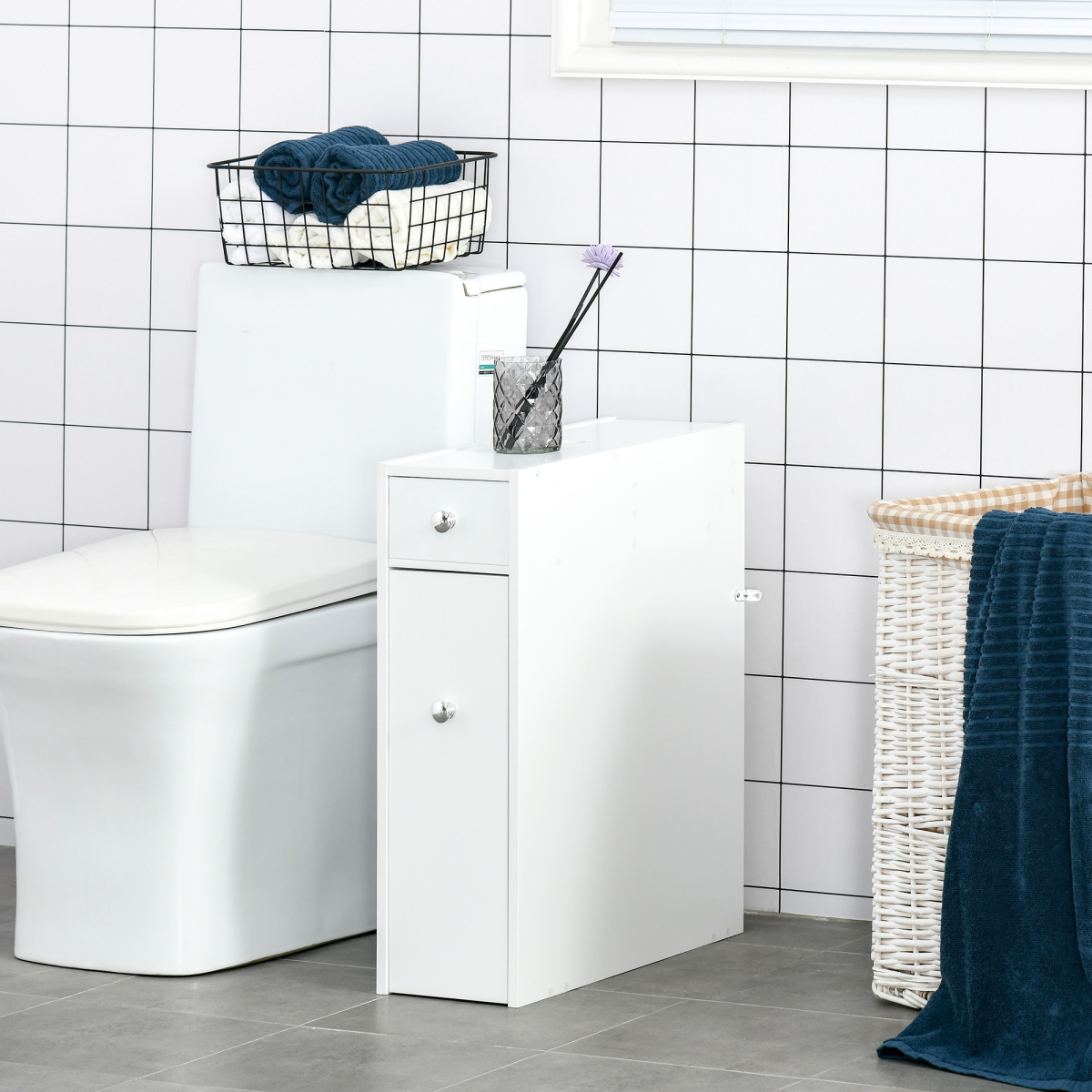 HOMCOM Slim Bathroom Floor Cabinet with Large Drawer & Storage Compartments – White
