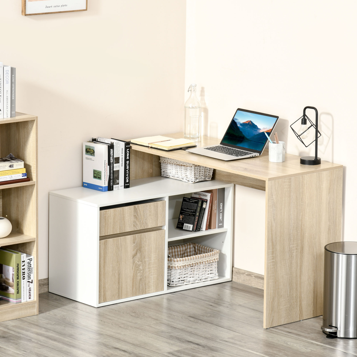HOMCOM L-Shaped Corner Computer Desk with Cabinet, Drawer and Two Shelves – Home Office, Oak and White