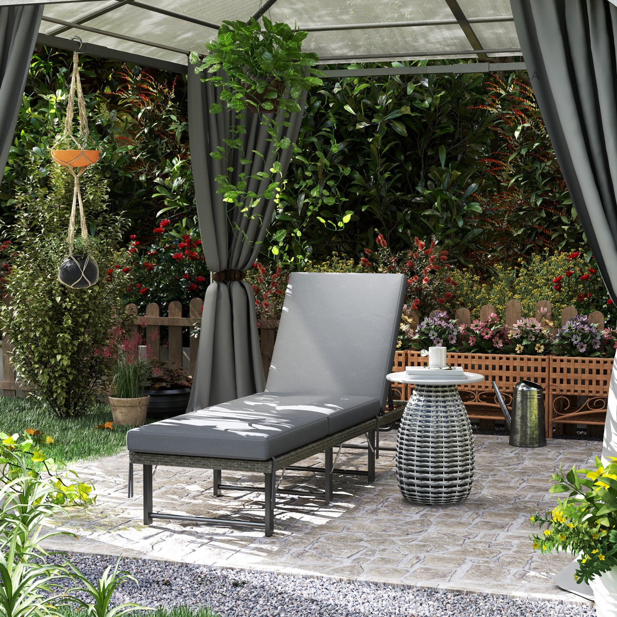 Outsunny Folding Rattan Sun Lounger with 6-Level Adjustable Back & 8cm Cushion – Garden Poolside Recliner, Grey