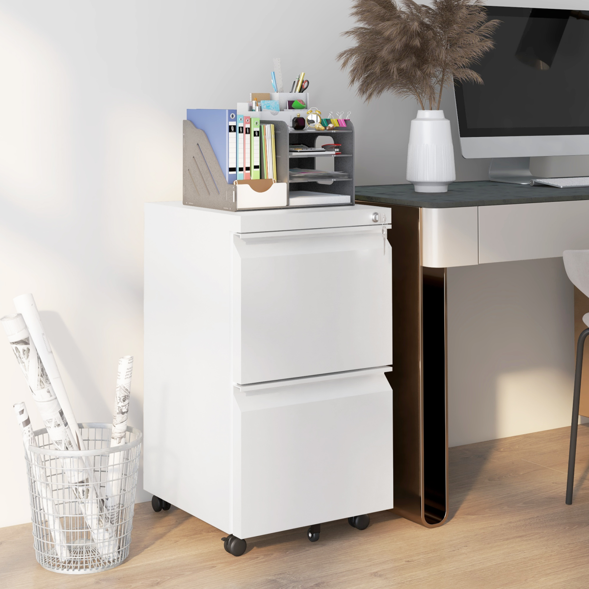 Vinsetto 2 Drawer Lockable Steel File Cabinet with Hanging Bar – Home Office Filing Storage, White