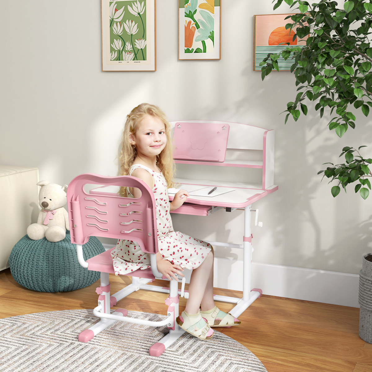 ZONEKIZ Height Adjustable Kids Desk and Chair Set with Drawer & Bookshelf – Tilting Study Desk, Pink