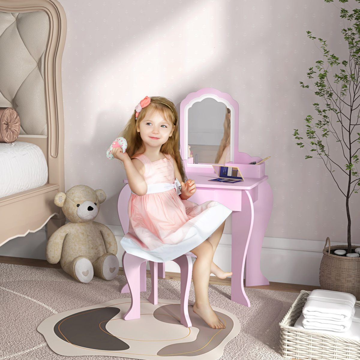 ZONEKIZ Kids Dressing Table with Cloud Design, Mirror, Stool, Drawer and Storage Boxes – Pink