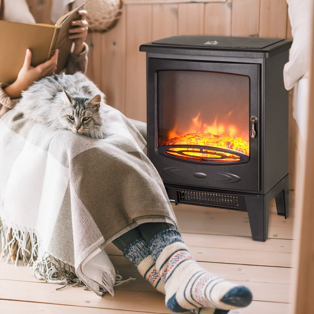 Freestanding Electric Fireplace Heater with Realistic Flame Effect & Tempered Glass – Supplementary Heating, No Chimney