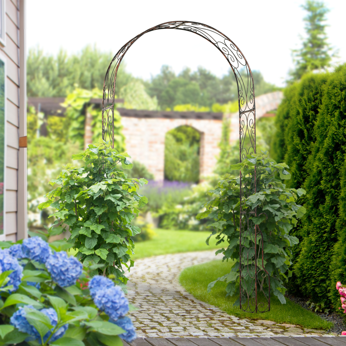 Outsunny Metal Garden Arch with Scroll Design, 226cm High – Climbing Plant Arbour for Weddings & Patios