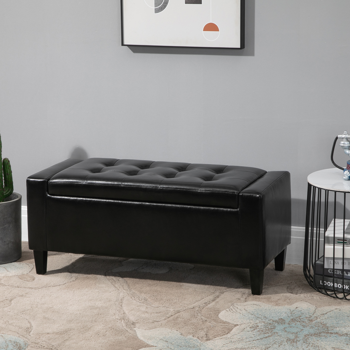 HOMCOM Deluxe Tufted PU Leather Storage Ottoman Bench with Hidden Storage – Footrest and End-of-Bed Seat