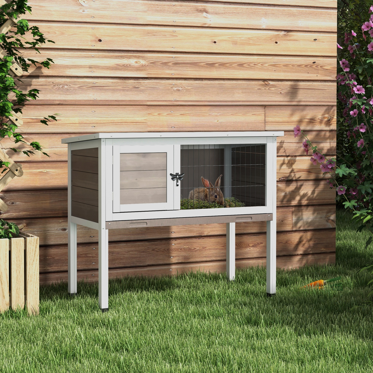 PawHut Large Elevated Wooden Rabbit Hutch with Asphalt Roof and Removable Tray – Indoor Outdoor Pet House