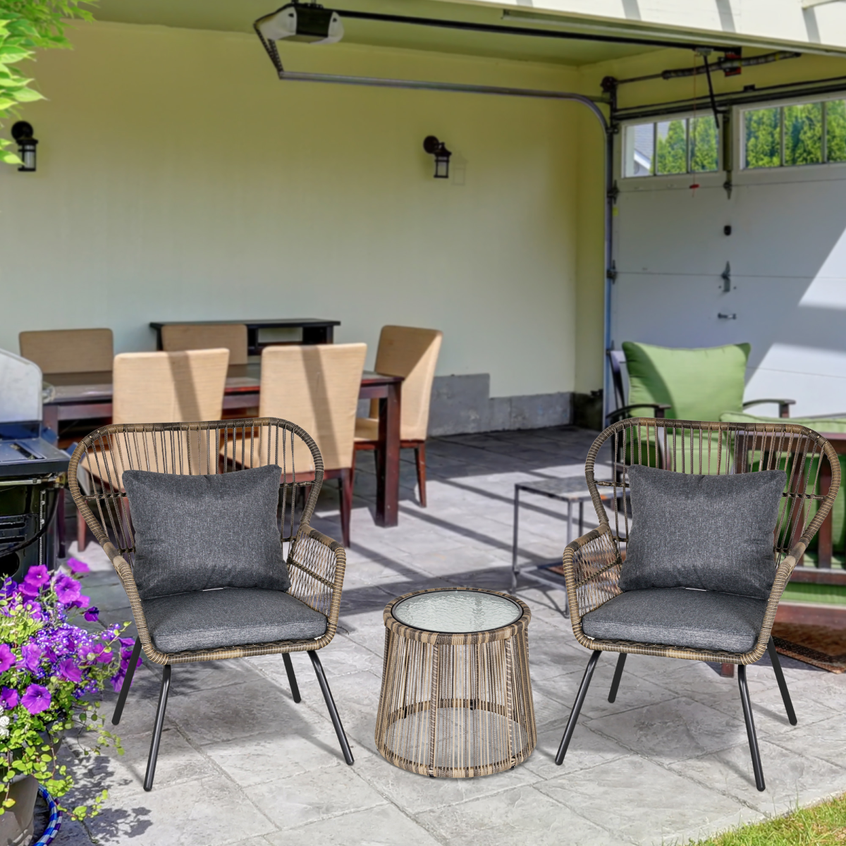 Outsunny 3-Piece Webbed PE Rattan Patio Bistro Set with Glass Table & Padded Cushions – 2 Chairs and Table, Grey