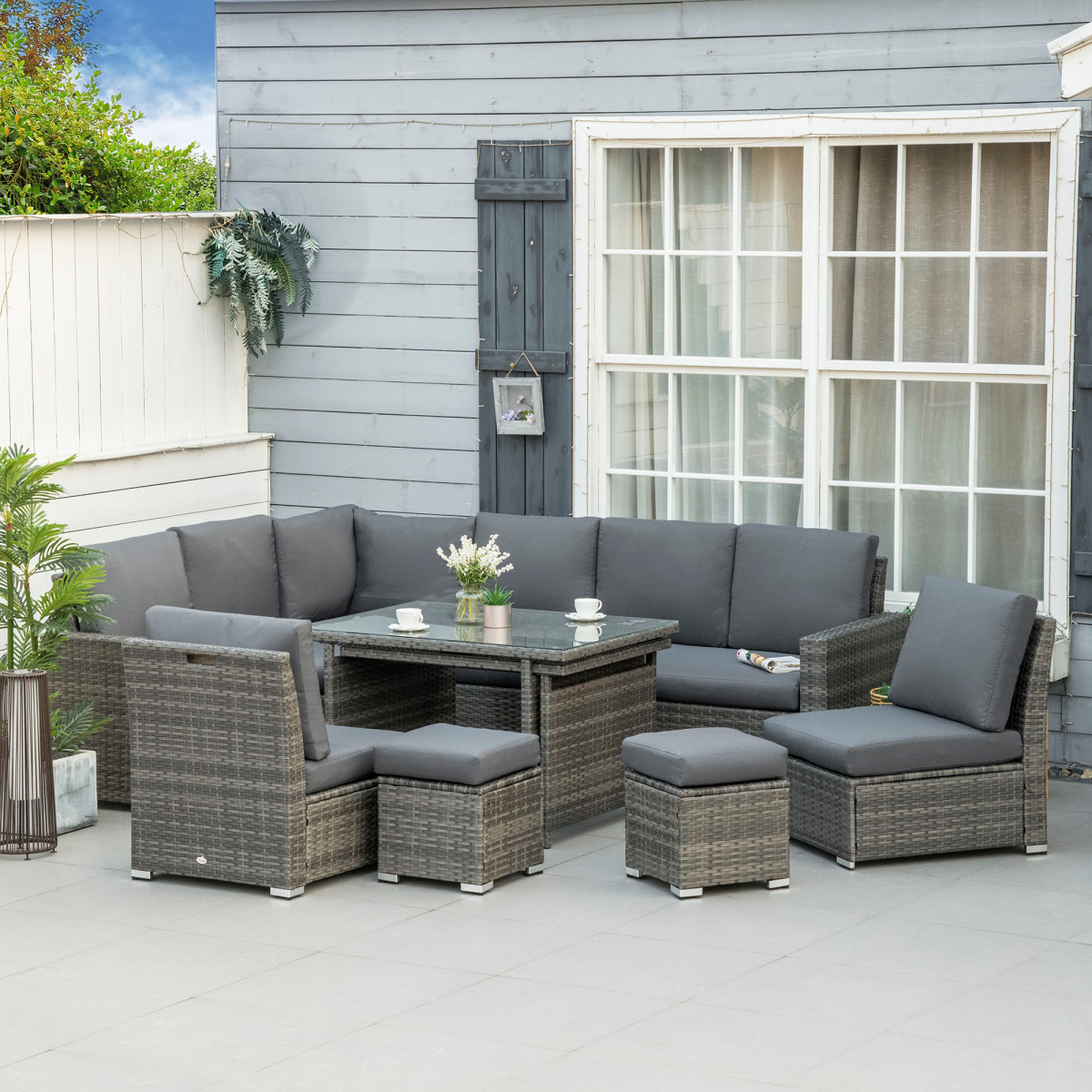 Outsunny 7-Piece Rattan Garden Sofa Set for 10 with Cushions, Footstools & Expandable Glass Table – Outdoor Sectional
