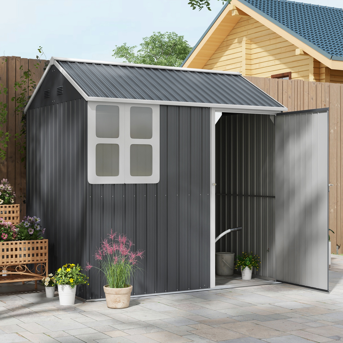 Outsunny 7 x 6ft Galvanised Steel Garden Shed with Window & 4 Vents – Outdoor Tool & Bike Storage, Dark Grey