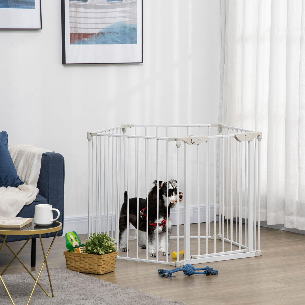 Pawhut 5-Panel Pet Gate and Dog Playpen with Walk-Through Door – Freestanding or Wall Mounted, White