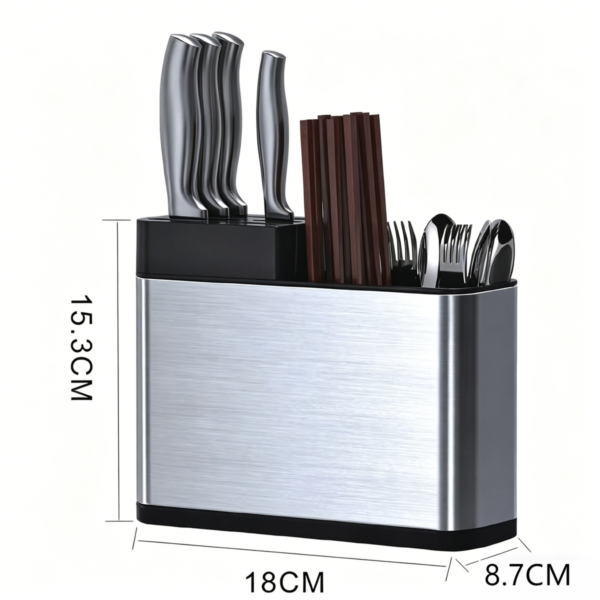 Stainless Steel Cutlery Holder with 3 Compartments – Free-Standing Knife Block and Utensil Organiser, Silver
