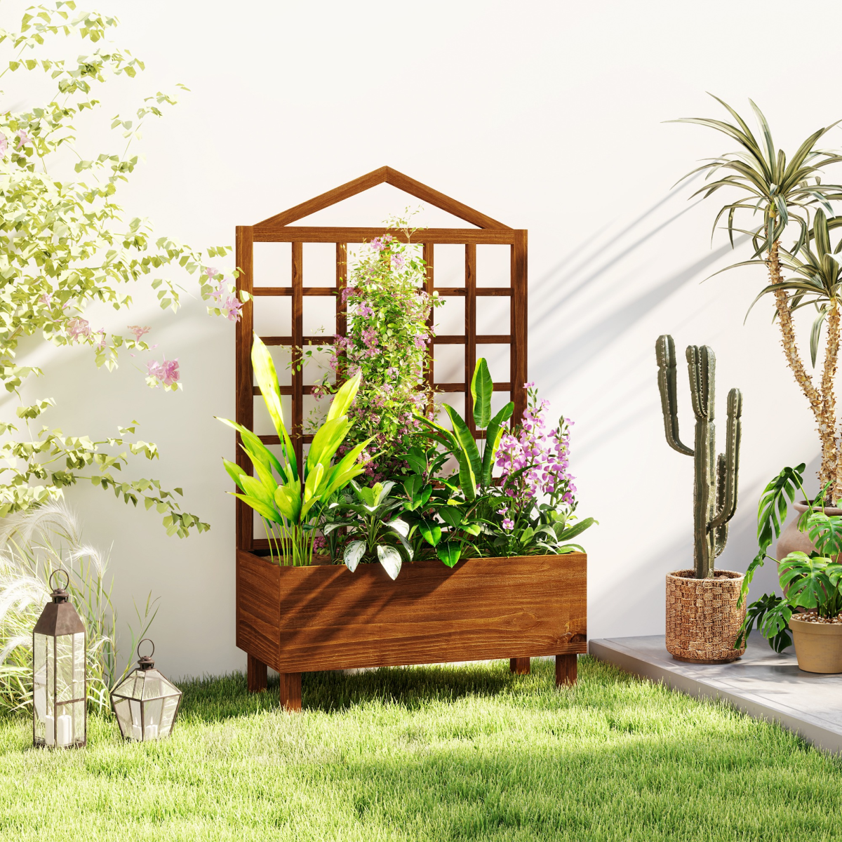 Outsunny Wooden Garden Planter with Trellis & Fabric Liner Bag – Fir Wood Climbing Plant Planter, Brown