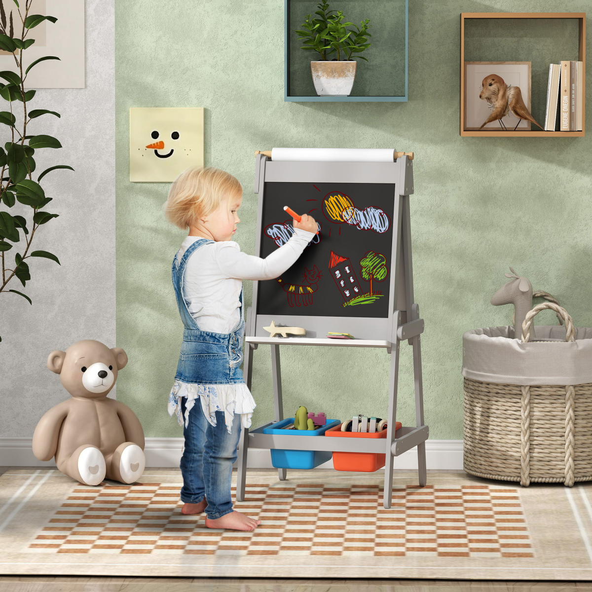AIYAPLAY 3-in-1 Double-Sided Kids Art Easel with Paper Roll, Storage Boxes & Pen Holder – Grey