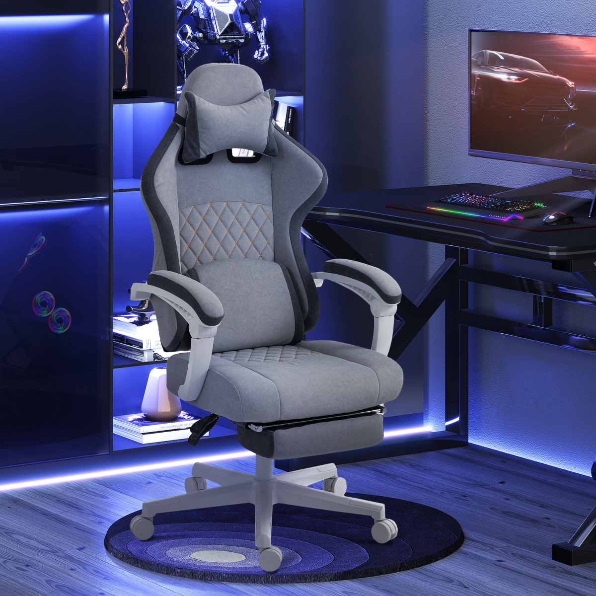 HOMCOM Printed Velvet Computer Recliner Chair with Adjustable Height, Lumbar Support & Footrest – 135° Reclining, Grey