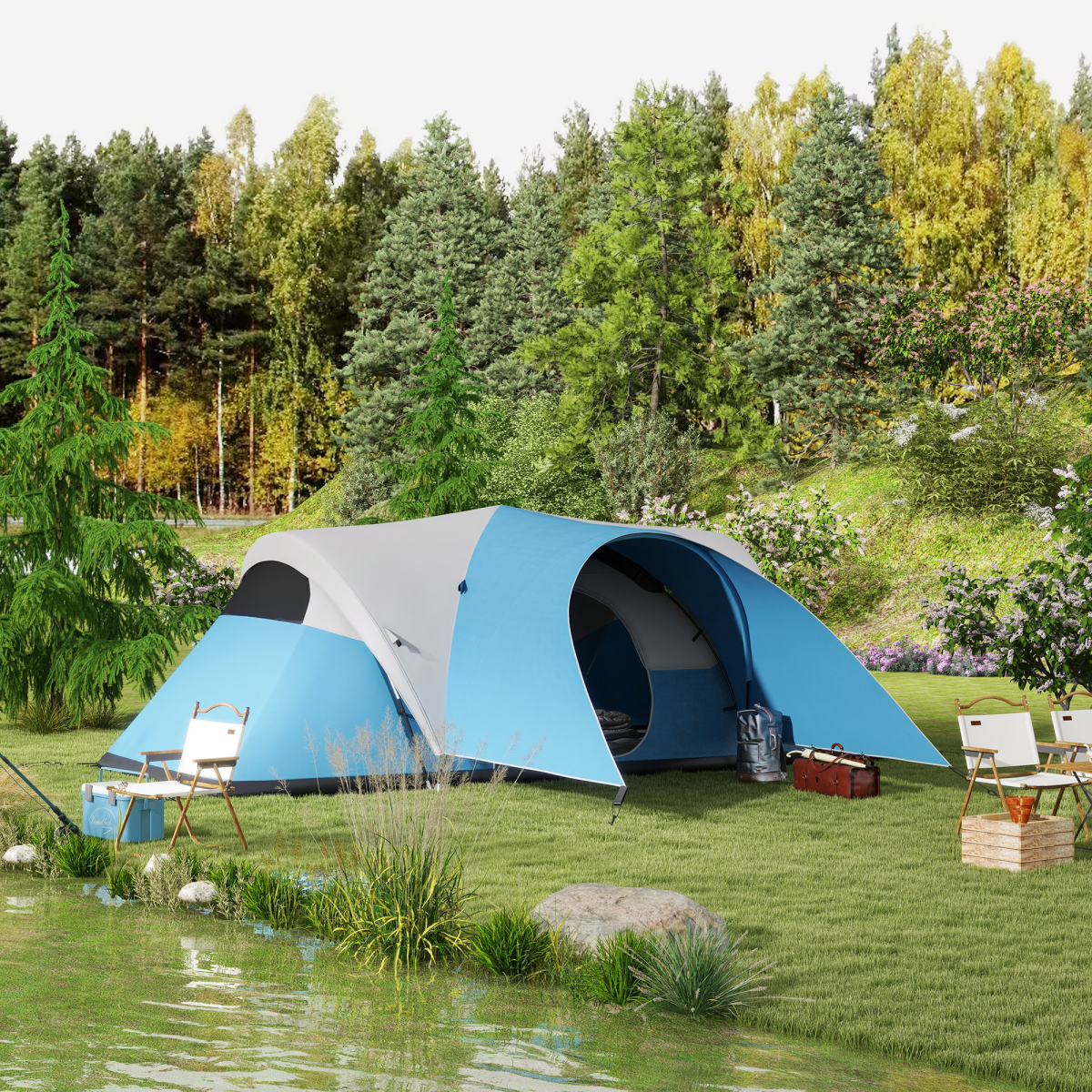 Outsunny 5–6 Person Camping Tent with Porch & Sewn-In Groundsheet, 3000mm Waterproof – Family Tent, Blue
