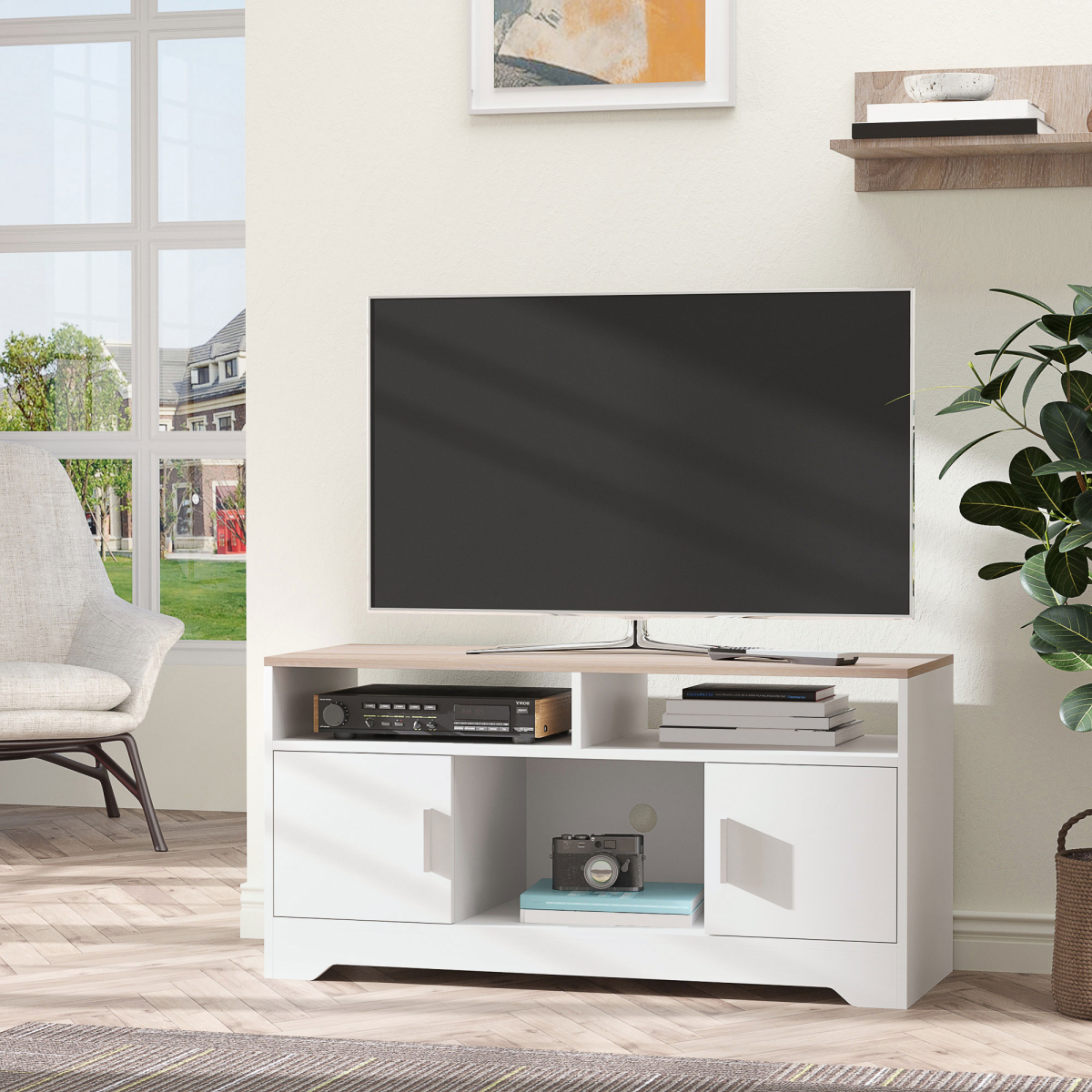 HOMCOM White TV Stand for TVs up to 42" with Storage Cabinets & Open Shelves – Modern Media Unit