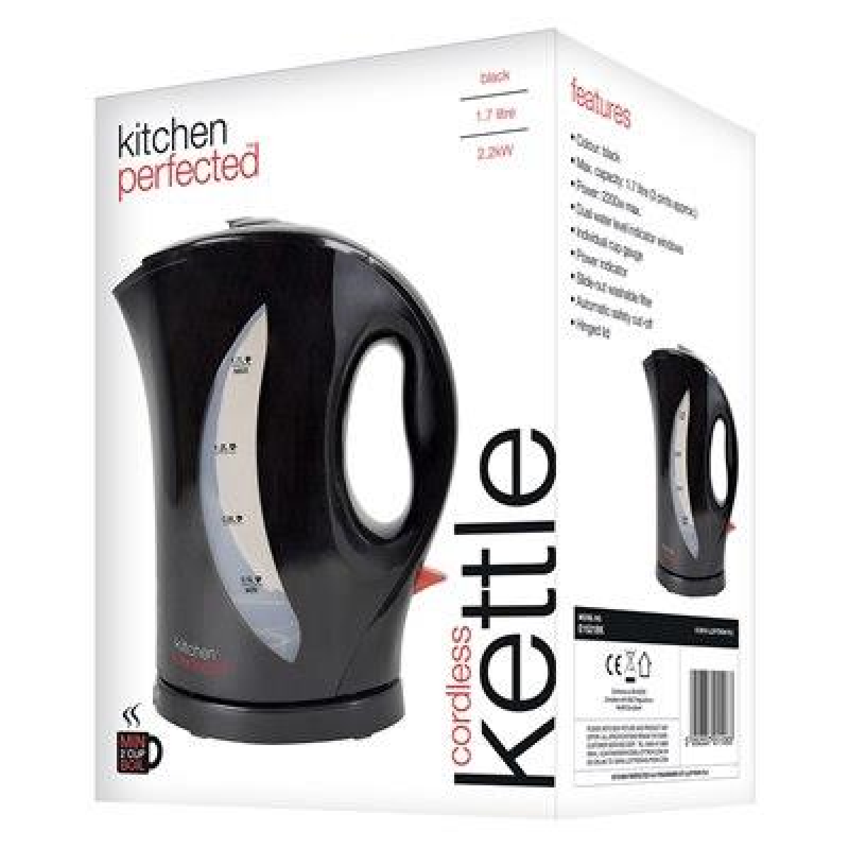 Kitchen Perfected 1.7L Cordless Kettle E1524BK – 2kW Fast Boil, Black