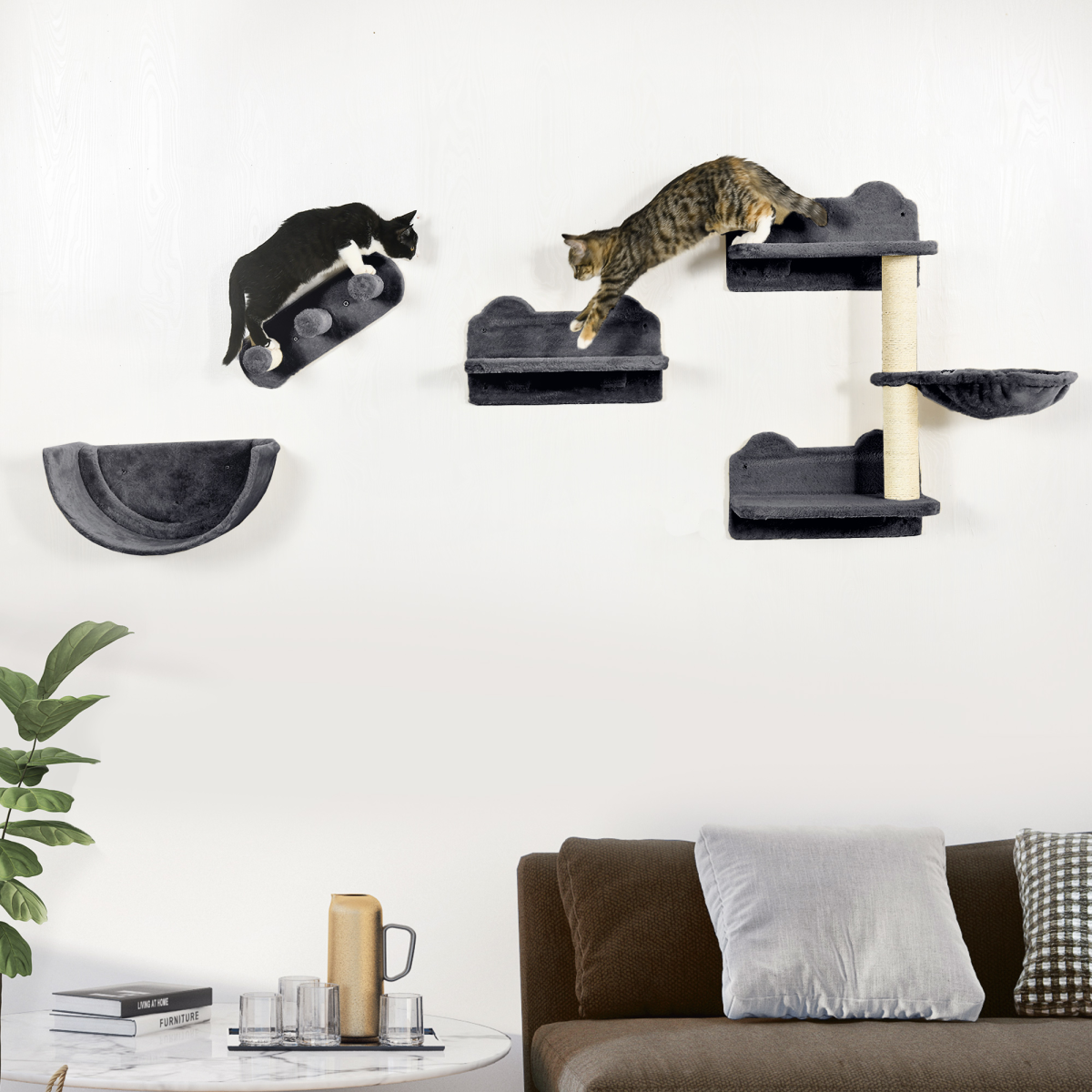 PawHut 4-Piece Wall-Mounted Cat Tree Set with Hammock, Nest and Scratching Post – Cat Wall Shelves, Dark Grey