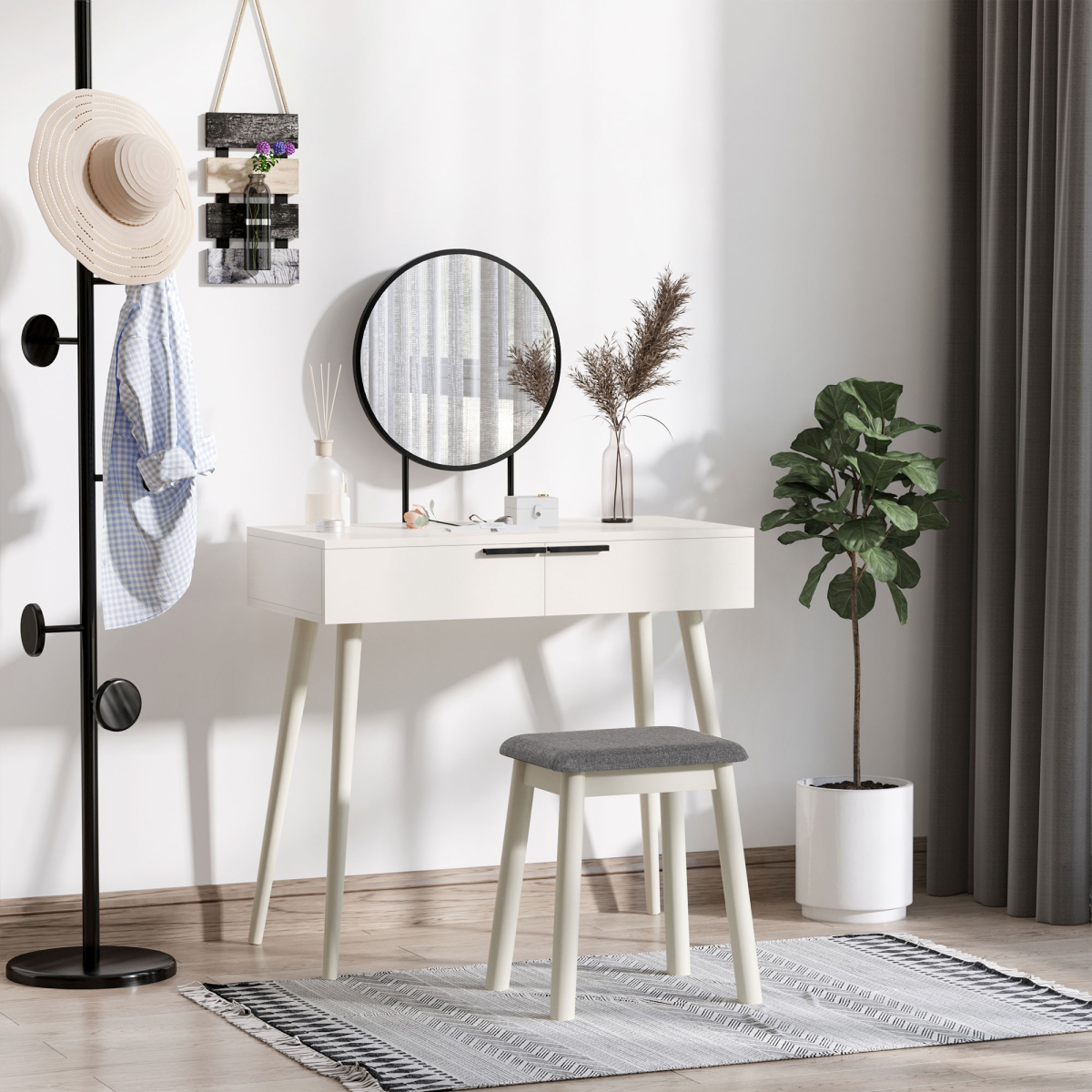 HOMCOM Dressing Table Set with Round Mirror, 2 Drawers and Cushioned Stool – Makeup Vanity Desk, White