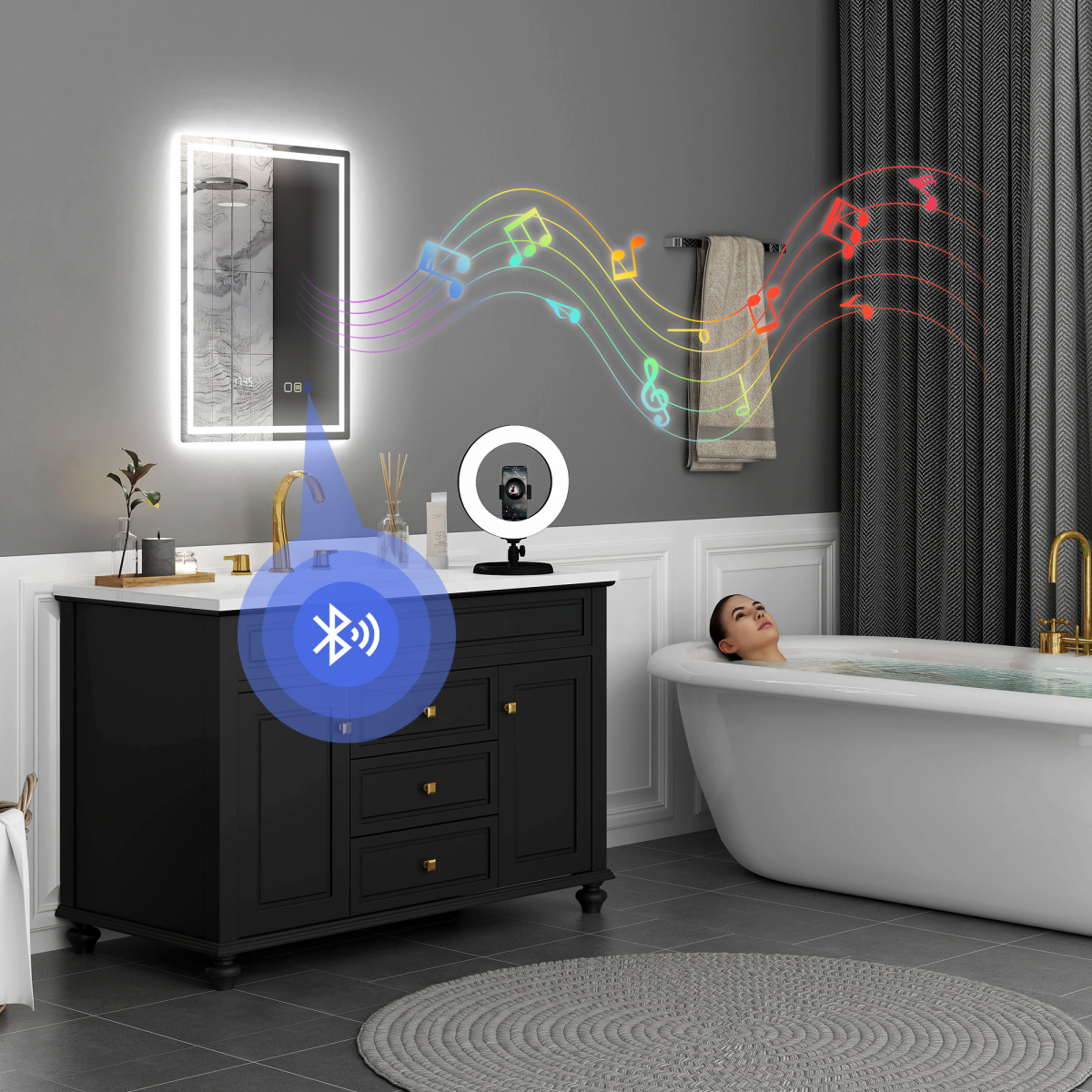 HOMCOM LED Bathroom Mirror 70 x 50cm with Bluetooth Speaker, Clock & Demister – Dimmable 3 Colour Light