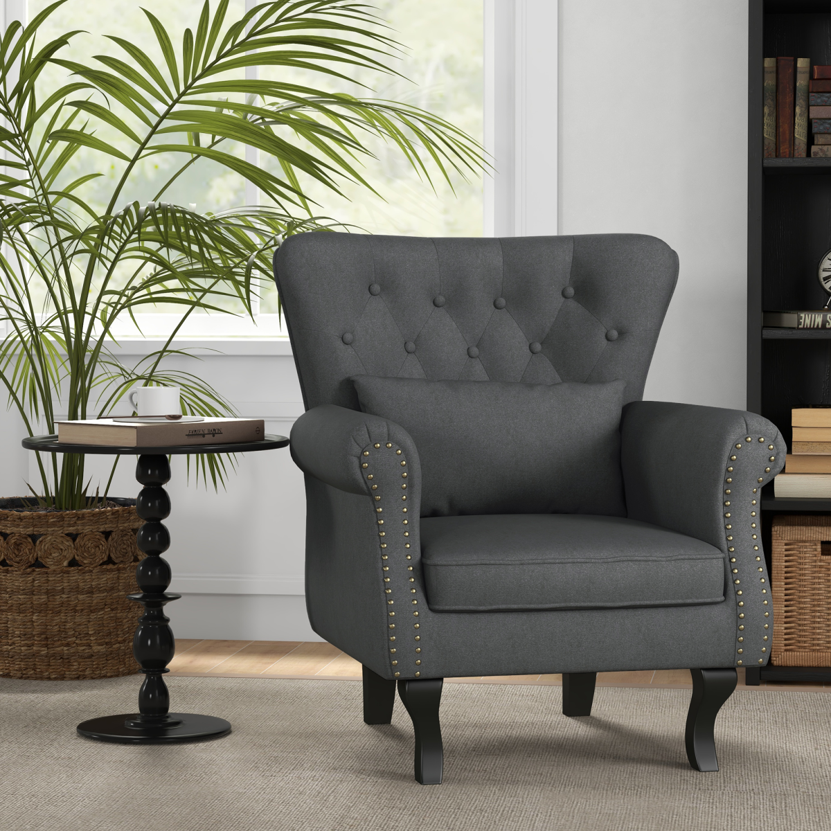 HOMCOM Vintage Wingback Accent Armchair with Nailhead Trim & Wooden Legs – Living Room Chair, Dark Grey