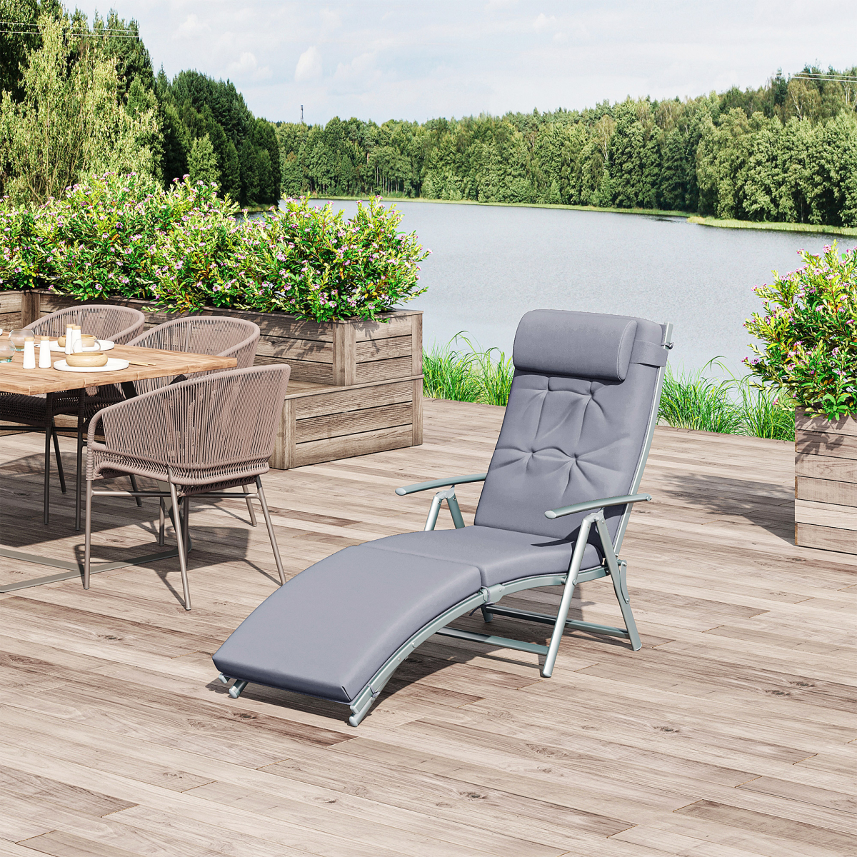 Outsunny Padded Sun Lounger with Pillow, 7-Position Adjustable Backrest & Steel Frame – Foldable Garden Recliner, Grey