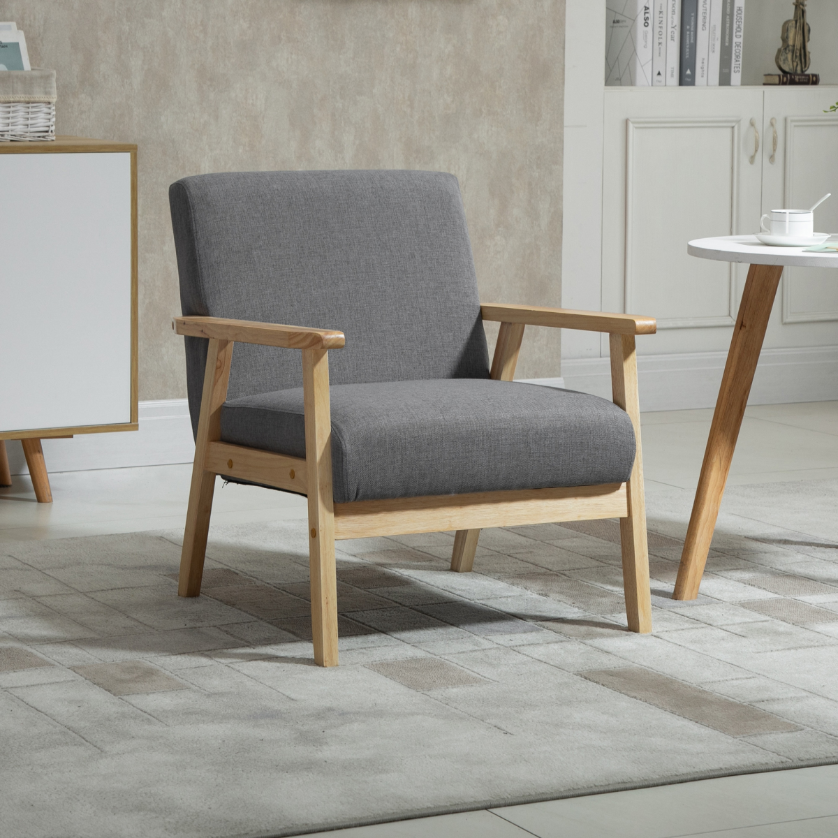 HOMCOM Linen Upholstered Accent Armchair with Solid Pine Wood Frame and Thick Cushions – Grey/Oak
