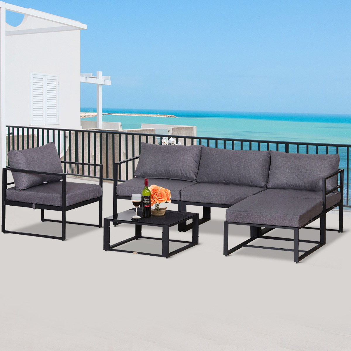Outsunny 6-Piece Aluminium Garden Sectional Sofa Set with Cushions, Glass Coffee Table & Footstool – Patio Furniture