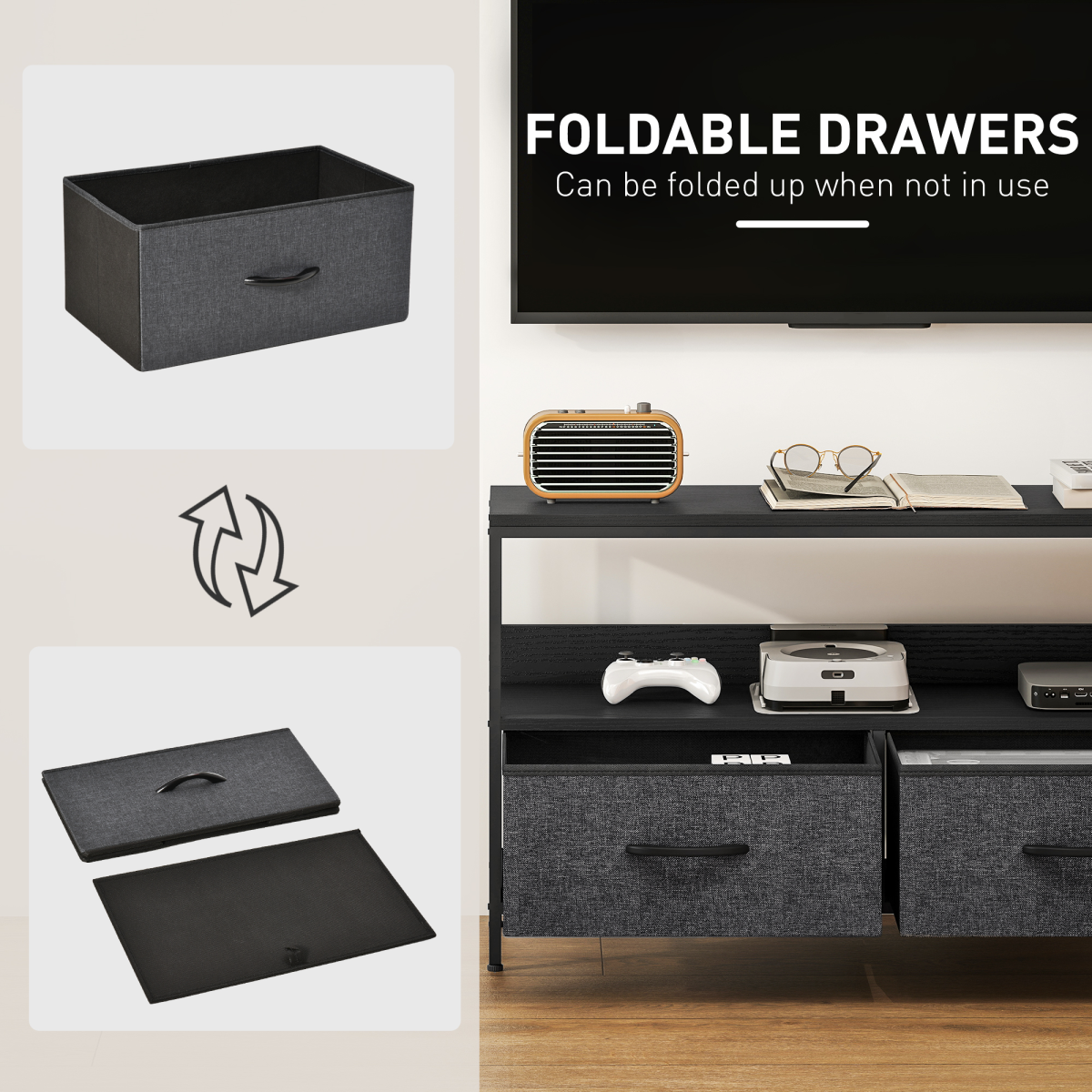 Industrial TV Stand with 2 Foldable Fabric Drawers for TVs up to 47 in – Steel Frame Media Unit, Black & Charcoal